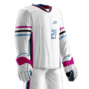 Uniforme de hockey sur glace LM pour hommes, blanc, rose, bleu, à rayures, impression par sublimation, respirant, 100 % polyester, fusion sans couture par détection de pointes - Product Image 5