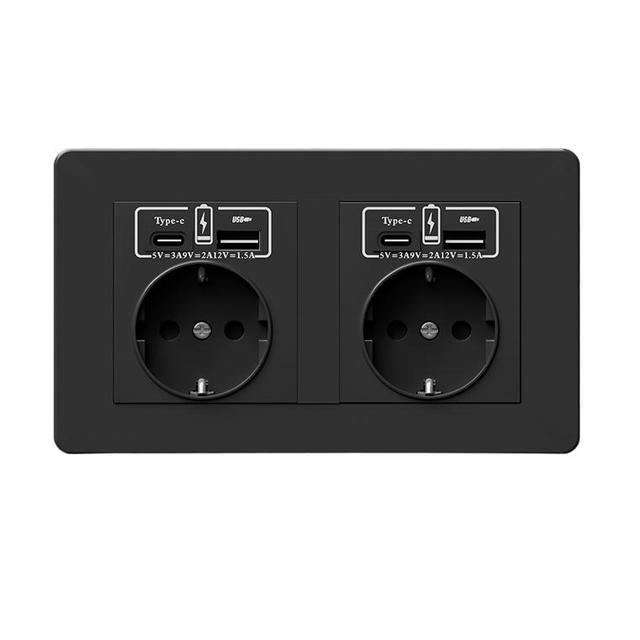 European Standard Ultra-Thin Fireproof PC Material Wall Switch Socket 2 USB Type-C Charge Ports Electrical Plug for Home Hotel