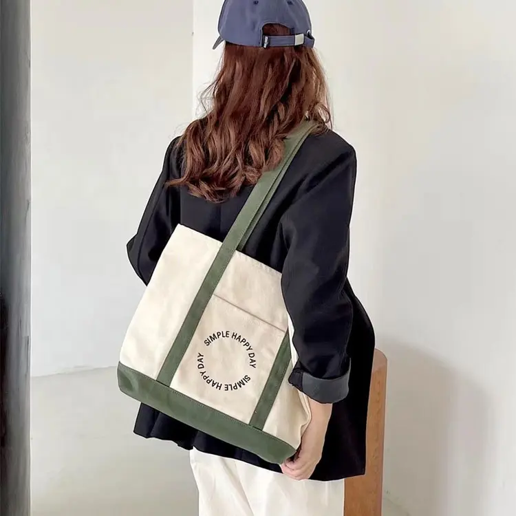 Eco Fabric Tote Bag Custom Logo Canvas Sling Student Crossbody Shoulder Cotton Canvas Tote Bag with Pocket and Zipper