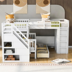Conjuntos de <span class=keywords><strong>Muebles</strong></span> de Dormitorio Infantil al por Mayor de <span class=keywords><strong>Fábrica</strong></span> Litera en Forma de L Doble sobre Matrimonial con 3 Cajones, Escritorio Portátil y Armario - Product Image 1