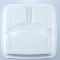 Barquette alimentaire jetable en bagasse de 9 pouces à 3 compartiments avec couvercle en pulpe PET pour restaurant, école et plats à emporter