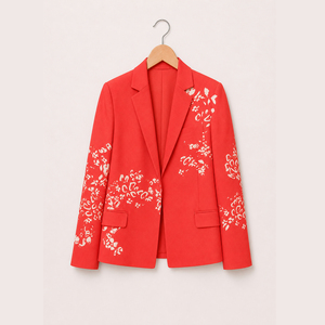 Coral Pink Printed <b>Blazer</b> with Floral Abstract Pattern Long Sleeve Tailored Jacket Premium Structured Fabric Elegant <b>Blazer</b> - Product Image 1