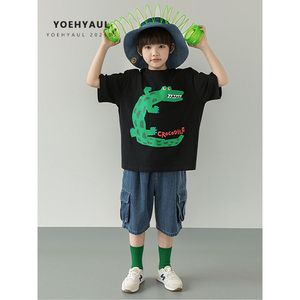 T-<span class=keywords><strong>shirt</strong></span> pour garçon YOEHYAUL QG2818 4-15T, motif crocodile, manches courtes, col rond, coton <span class=keywords><strong>noir</strong></span>, pour <span class=keywords><strong>enfant</strong></span> et adolescent. - Product Image 1