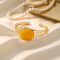 Bracelet ouvert en argent pur 925 avec ambre jaune naturel de la mer Baltique, maille nid d'abeille et grandes perles – Véritable bijou en pierres précieuses