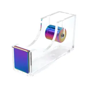 Dispensador de cinta de Metal iridiscente acrílico transparente, suministros de oficina, accesorios, herramientas de corte de cinta adhesiva para paquetes de escritorio