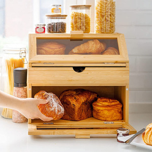 Bamboo Bread Box With Drawers Three Layer <b>Storage</b> <b>Kitchen</b> Organizer Food Container For Bakery Items - Product Image 4