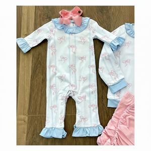 ชุดรอมเปอร์แขนยาวผูกโบว์สีชมพูสำหรับเด็ก - Product Image 1