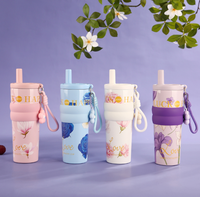Tumbler Kopi Keramik Lapis Baja Tahan Karat 316 Estetika Tinggi 710ml Grosir, Dilengkapi Sedotan dan Tali, Terisolasi untuk Wanita