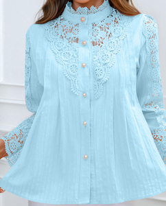 Camisa de Algodón Tejida de Manga Larga con Cuello Redondo y Encaje Sólido, Estilo Casual, Primavera/Verano 2026, para Mujer, Disponible en Almacén de EE. UU. - Product Image 1