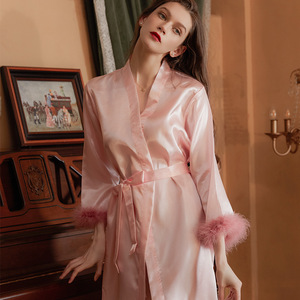 Wholesale Custom Oblique V-Neck Bathrobe Satin Kimono <strong>Robe</strong> Dressing Gown Summer Knee Length Thermal Wedding Party Solid Luxury - Product Image 5