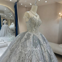 Robe de mariée moderne pour femme Jancember DW0121, bleu scintillant, manches courtes, longue traîne bouffante, dentelle et cristaux