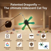 Tête de rechange pour baguette interactive pour chat, motif plume de libellule irisée, ailes translucides scintillantes, corps noir duveteux, queue dorée, avec attache