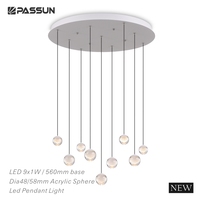 Luminaire suspendu au plafond LED 9x1W, sphère en acrylique, base ronde de 560 mm, éclairage intérieur pour hall d'hôtel