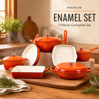 Set Peralatan Masak Besi Cor Berlapis Email 7 Buah, Panci Saus Oranye Dutch Oven, Wajan Panggangan, Casserole, Set Panci Hadiah Dapur Grosir OEM