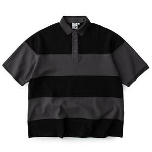 Camisa a Rayas con Bloques de Color para Hombre, Manga Corta, Tejida, Informal, Diseño con Patrón Negro y Gris - Product Image 1