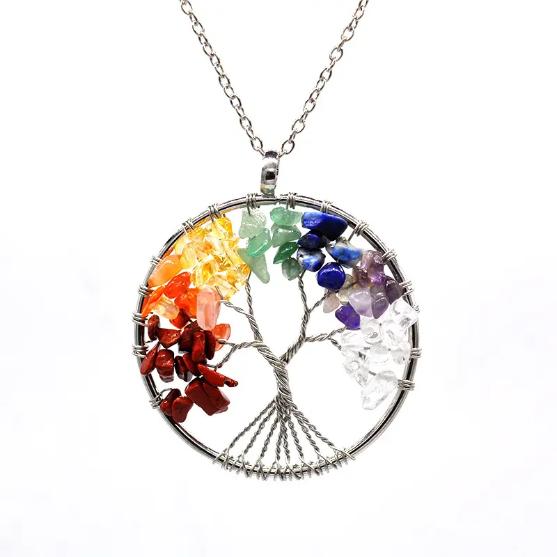 Natural Crystal 7 Chakra Stainless Steel Wire Wrapped Lucky Riches Tree Of Life Natural Gemstone Pendant Necklace Women Jewelry