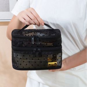 Bolsa de cosméticos de malla de doble capa con estampado de corazones negros, organizador de artículos de tocador portátil de gran capacidad para viajes - Product Image 2