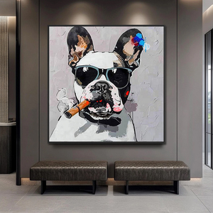 Peint à la main acrylique 100% moderne <span class=keywords><strong>toile</strong></span> Pop Art Animal Graffiti bouledogue <span class=keywords><strong>patron</strong></span> portant des lunettes de soleil encadré prêt accrocher décoration murale - Product Image 2