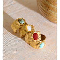 JINYOU 8919 Bague ouverte large martelée en acier inoxydable plaqué or PVD, avec turquoise, style bohème vintage, bijou tendance pour femme