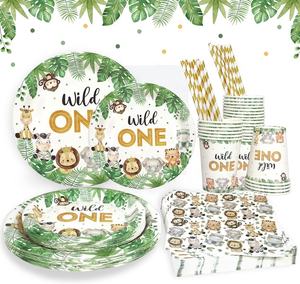 Sauvage One <span class=keywords><strong>anniversaire</strong></span> décorations assiettes Set Safari <span class=keywords><strong>Jungle</strong></span> assiettes à thème tasses serviettes pailles ensembles garçons première fête fournitures - Product Image 1