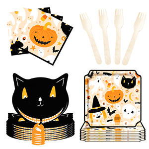 DAMAI Factory Wholesale Disposable Halloween Black Cat-head Pumpkin Paper Plate Set - Product Image 5