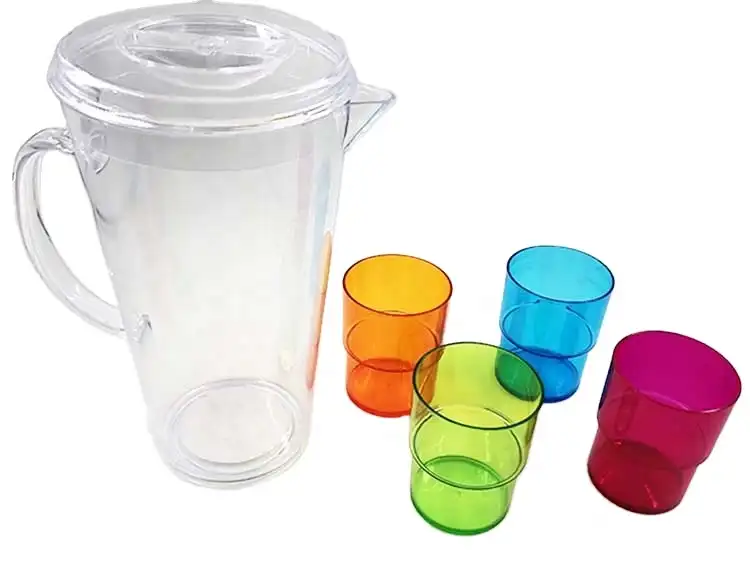 Jarra de plástico con tapa, jarra de agua fría con 4 vasos, 1.8L PS