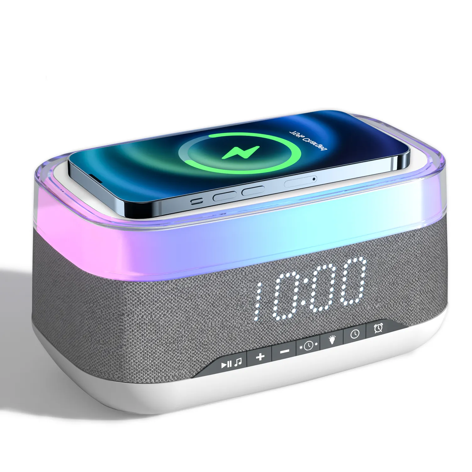 Portable Led Night Light Wireless Charger With Alarm Clock And Bluetooth Speaker For Phone