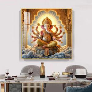 Venta al por mayor de fábrica: Arte de pared LED de metal con pintura de porcelana de cristal cuadrada, diseño abstracto de Dios Indio y Elefante, para decoración del hogar. - Product Image 1