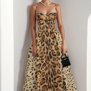 Abito da sera da donna con stampa leopardata seducente, senza schienale, vestibilità slim, con spalline sottili, all'ingrosso, per feste formali e occasioni casual - Product Image 3