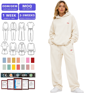 Ensemble 2 pièces brodé pour femme : sweat à capuche oversize avec poches et pantalon taille haute à jambes larges en molleton doux – Tenue décontractée BSCI OEM - Product Image 1