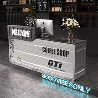Comptoir de caisse de style conteneur maritime en forme de L, en métal ondulé, avec boîte à lumière LED pour café