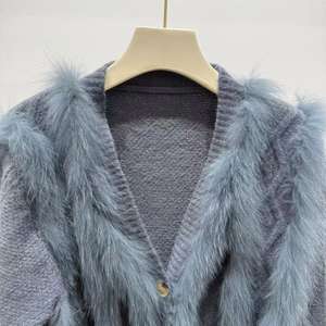 Cardigan doux <span class=keywords><strong>bleu</strong></span> <span class=keywords><strong>pull</strong></span> manteau d'hiver vêtements d'extérieur <span class=keywords><strong>pull</strong></span> tricoté décontracté avec garniture en fourrure de renard véritable - Product Image 5