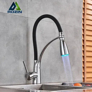 Rozin Chrome LED Kitchen Faucets with Rubber Design Sink Mixer Taps for Kitchen Single Handle Pull Down Deck Mounted