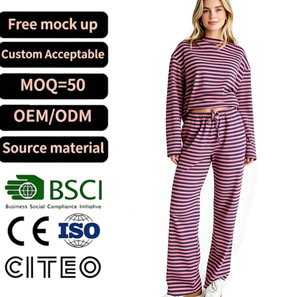 Conjunto de Dos Piezas para Mujer, Camisa Verde a Rayas de Manga Larga con Botones y Pantalones Anchos, Ropa Casual para Estar en Casa, Tejido de Punto Suave y Cómodo - Product Image 1