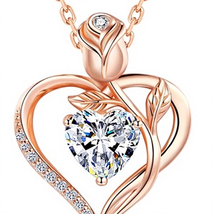 Collana con Pendente a Cuore di Rosa 12CT, Moissanite, Zaffiro, Rubino, Smeraldo Coltivati in Laboratorio - Argento Sterling S925 Placcato Oro Bianco/Rosa 18K - Product Image 1