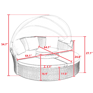 KD Rattan Round Lounge With <b>Canopy</b> Outdoor Bali Bed Wicker Sofa Bed With Lift Coffee Table - Product Image 2