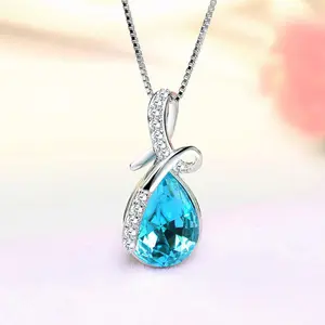 2024 New Love Heart Of The Ocean S925 Silver Plate S925 Silver Tear Of Angel Pendant Blue Austrian Crystal Necklace