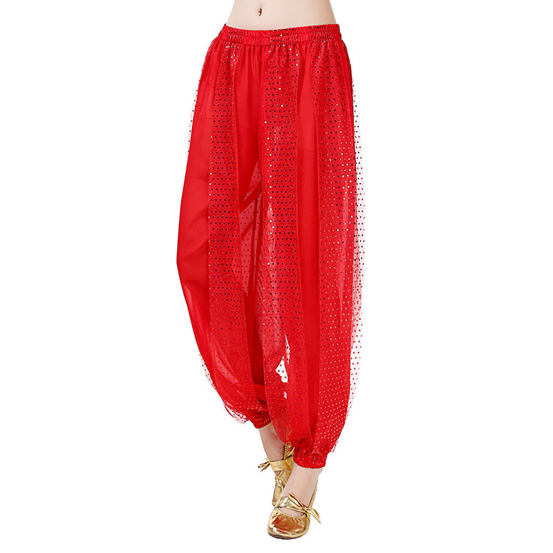 Pantalones bombachos de danza del vientre con lentejuelas rojas