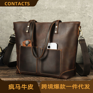 2025 noir ange rétro Crazy Horse cuir unisexe Portable sac à bandoulière grande capacité ordinateur sac de <span class=keywords><strong>messager</strong></span> - Product Image 2