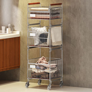 바퀴 중간 3 계층 욕실 더러운 옷 랙 나무 수건 보관 카트 금속 바닥 트롤리 세탁 가방 바구니 정리 - Product Image 2
