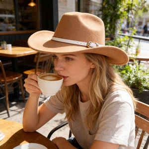 Sombrero de Vaquero ZhenXi M56-58cm, Color Sólido, Ala Ancha, Estilo Fedora de Lana - Product Image 4