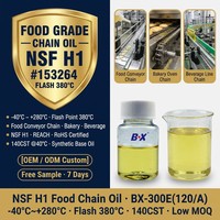 Huile de chaîne de qualité alimentaire NSF H1 153264 140CST Flash 380C -40C 280C pour convoyeurs alimentaires, fours de boulangerie, pasteurisateurs de boissons et de conserves REACH RoHS