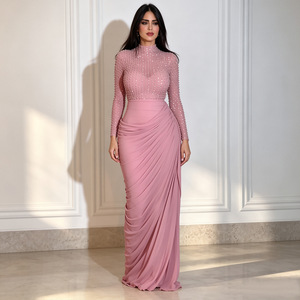 CX7793 Mock Neck Rhinestone Mesh <strong>Long</strong> <strong>Sleeve</strong> Evening Gown Draped Ruched <strong>Bodycon</strong> Maxi <strong>Dress</strong> Dubai Arabic Party Formal <strong>Dress</strong> - Product Image 4