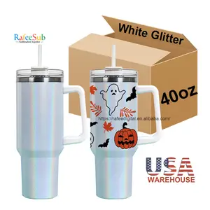 USA Warehouse 40oz 40 oz Shimmer White Silver Glitter Stainless Steel Insulated Blank Sublimation Tumbler Cup Mug with Handle