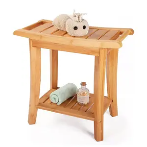 Wooden Spa Bath Organizer Shower Stool Bathroom Bench Seat Bamboo Shower Bench with Storage Shelf Or Indoor Or Outdoor Use