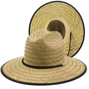 Venta al por mayor salvavidas ala ancha verano Playa Sol sombrero de paja tejido a mano hierba Natural liso sombreros en blanco para hombres y mujeres
