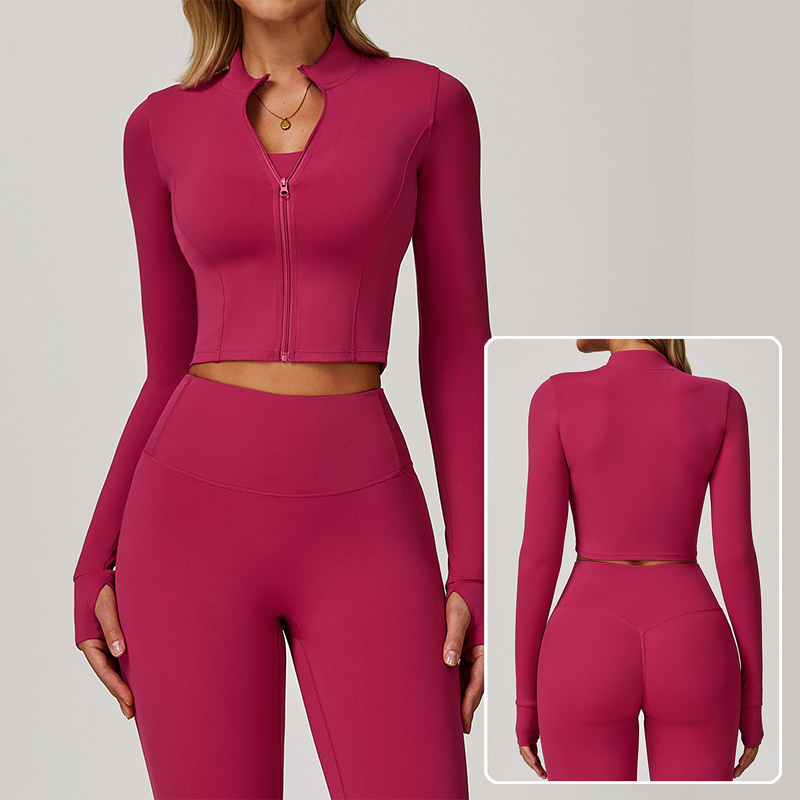 Roregal Fast Drying Yoga Jacket Outdoor Women Stand Collar Zipper Long Sleeve Sports Tops