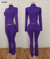 Ensemble de yoga 2 pièces pour femme de haute qualité, veste à col montant à manches longues et leggings évasés taille haute, survêtement ajusté pour femme