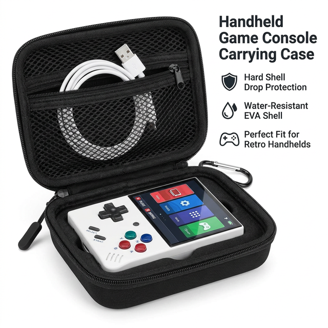 EVA Hard Shell Handheld Game Console Carrying Case Shockproof Travel Storage Bag with Mesh Pocket and Carabiner for R36S