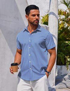 Men's <b>Blue</b> Plaid Short Sleeve Stand Collar Button Shirts Breathable Casual Summer Beach Vacation <b>Gingham</b> Check Polyester/Cotton - Product Image 3